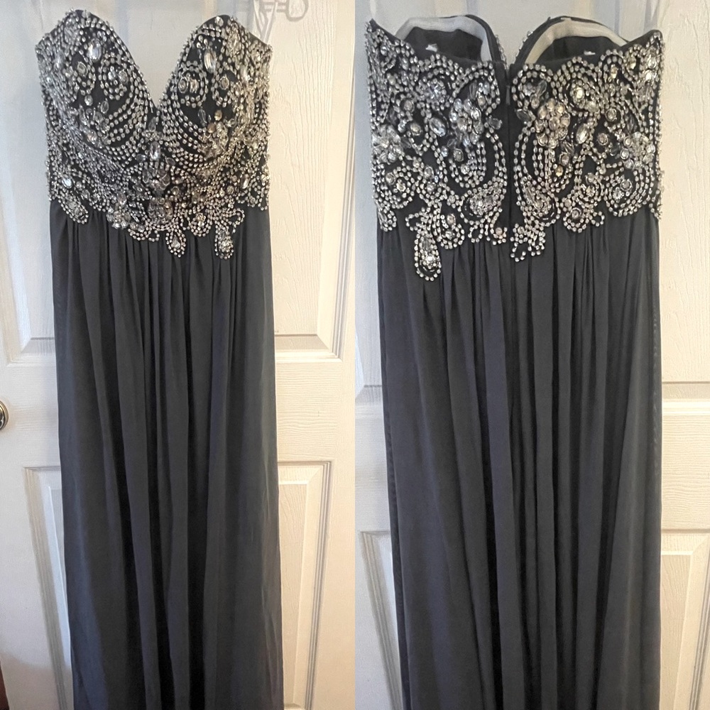 JVN Dark Gray Gem Strapless Prom Dress